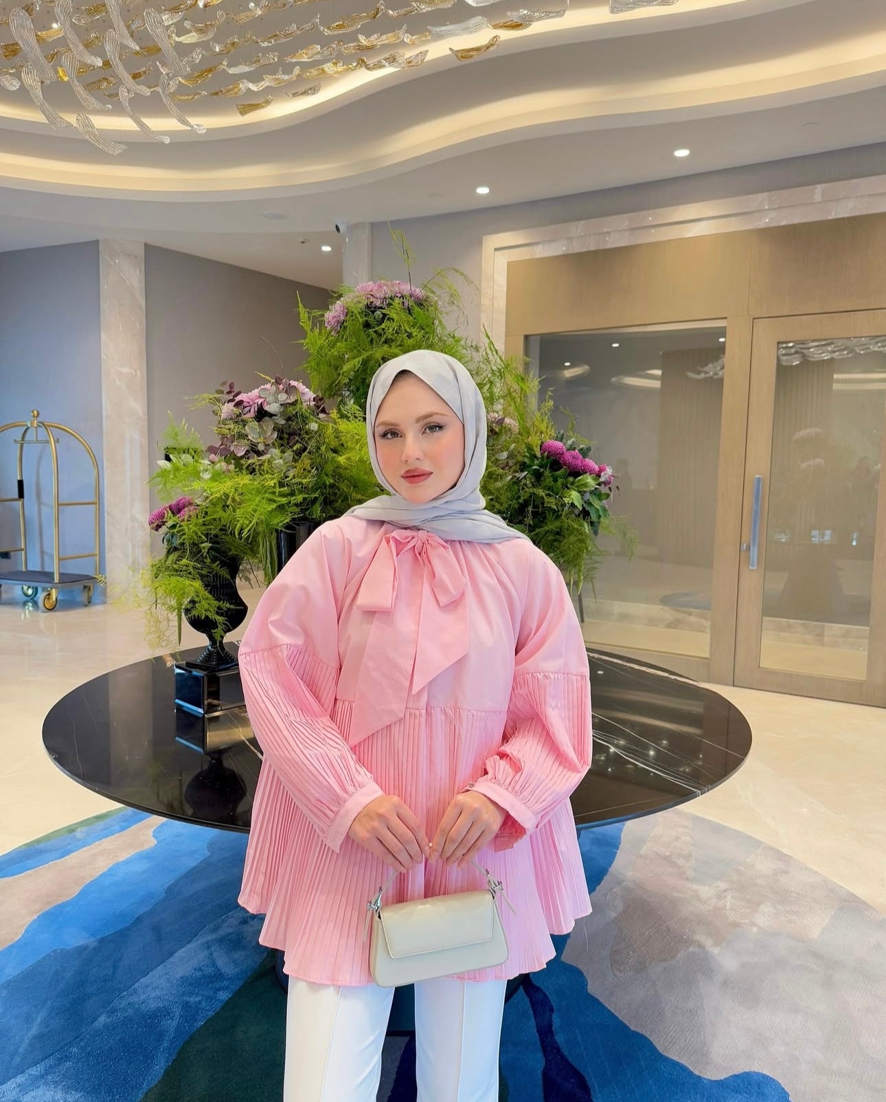 Pleated Elegance Bow Blouse – Soft Pink image 0