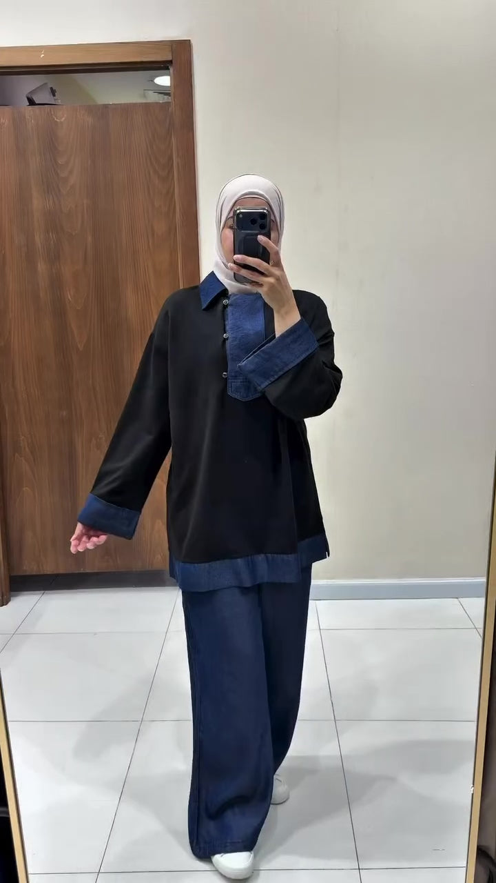 Denim Contrast Casual Co-Ord Set